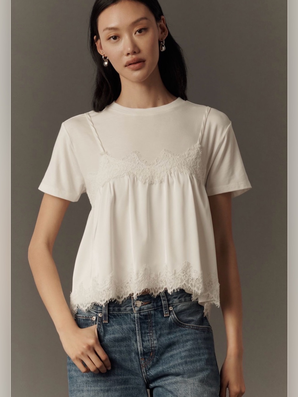 Anthropologie Ivory Lace-Trim Chemise Slip Layered Twofer Tank Tee